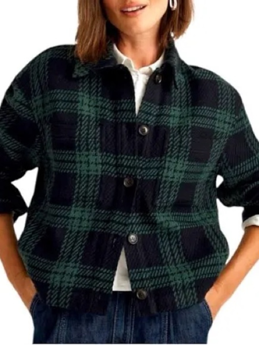 MADEWELL Shirt-Jacket Women Flannel Button Front Green Navy  Large